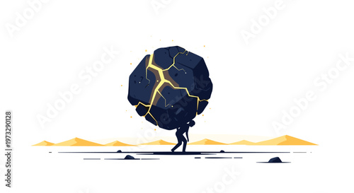 A solitary dark silhouette struggles under the immense weight of a giant cracked boulder with glowing golden veins against a stark white background.