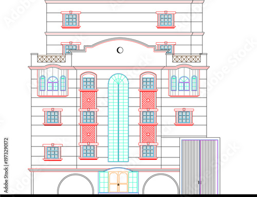 Technical Architecture Blueprint of a Classic Multi-Storey Commercial Hotel Featuring Vintage Design Proportions and Accurate Height Dimension Strings