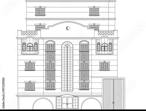  Technical Architecture Blueprint of a Classic Multi-Storey Commercial Hotel Featuring Vintage Design Proportions and Accurate Height Dimension Strings