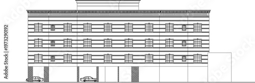 Elegant Old World Architecture Elevation Featuring Classic Commercial Building Window Treatments and Vintage Hotel Grand Entryway Structural Design