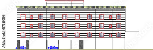 Elegant Old World Architecture Elevation Featuring Classic Commercial Building Window Treatments and Vintage Hotel Grand Entryway Structural Design