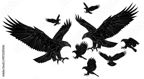 Dynamic flock of black eagles in flight majestic birds of prey soaring and diving with wings spread wide against a clean white background symbolizing freedom and power