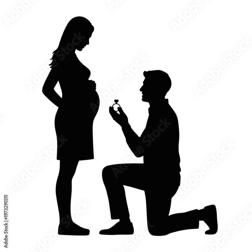 Man proposing to pregnant woman silhouette with ring, engagement and future family concept, isolated black figures for greeting card or baby announcement design