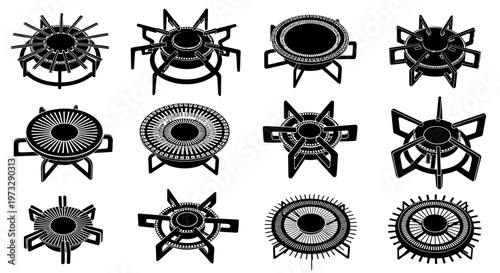 Collection of twelve diverse black and white gas stove burner grates and burner heads arranged in a 3x4 grid showcasing various intricate metallic designs and intricate patterns