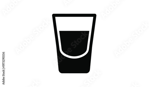 A simple black and white illustration depicts a short wide drinking glass filled with a dark liquid likely representing a shot high quality professional
