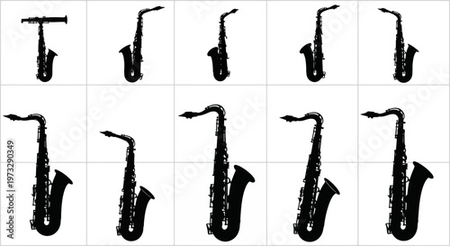 Collection of grunge style saxophone silhouettes in various sizes and poses isolated on a clean white background representing musical instruments and jazz performance concepts