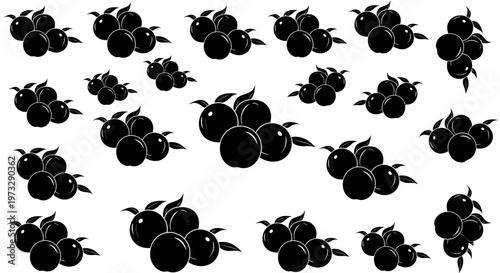 Seamless pattern of stylized black berries with green leaves on a clean white background representing fresh fruit and healthy eating concepts ideal for culinary designs