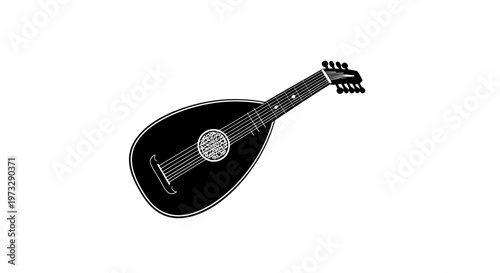 Elegant black lute with intricate rosette and tuning pegs isolated on a clean white background symbolizing classical music and historical performance artistry