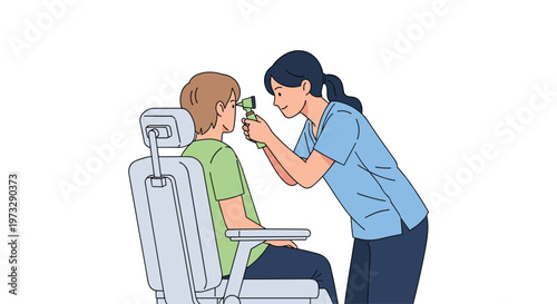 A dedicated female optometrist wearing blue scrubs uses a specialized ophthalmoscope to examine the eye of a male patient seated in a grey medical chair.