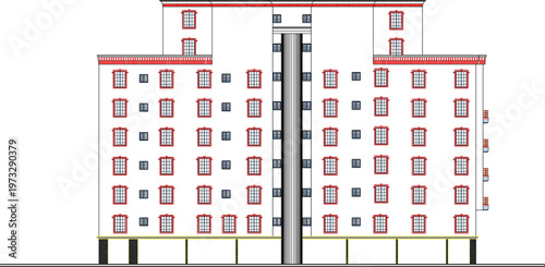 High-Resolution Architecture Elevation of a Vintage Hotel Building Featuring Symmetrical Facade Proportions and Detailed Professional Drafting Notations