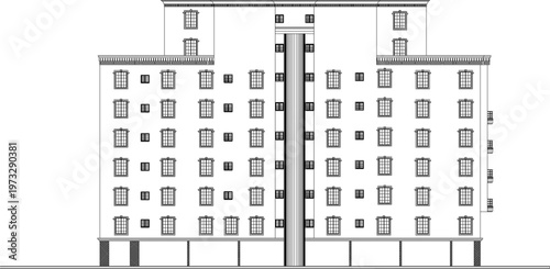 High-Resolution Architecture Elevation of a Vintage Hotel Building Featuring Symmetrical Facade Proportions and Detailed Professional Drafting Notations