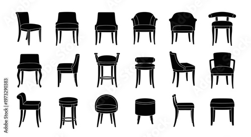 Collection of elegant black silhouettes of various antique and modern chairs stools and ottomans showcasing diverse furniture designs against a clean white background ideal