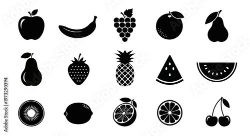 Diverse collection of fresh fruit icons representing healthy eating and natural sweetness ideal for recipes nutrition and food related designs