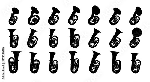 Collection of various tuba musical instruments in silhouette arranged in three rows against a clean white background showcasing different sizes and valve configurations