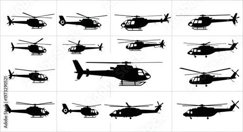 Collection of diverse silhouette helicopters in various poses and flight configurations showcasing aviation technology and aerial transportation concepts on a clean white