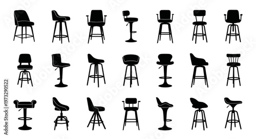 Collection of diverse bar stool silhouettes showcasing various designs and styles for interior decoration kitchen counters and hospitality settings isolated on white background