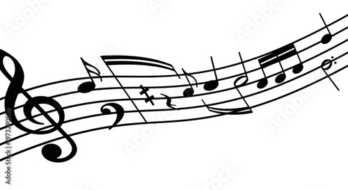 Elegant treble clef and flowing musical notes ascend across a clean white background representing the beauty and artistry of classical music composition and performance