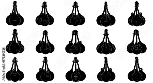 Collection of silhouetted mandolins arranged in a grid pattern isolated on a white background representing musical instruments and stringed melodies for creative projects