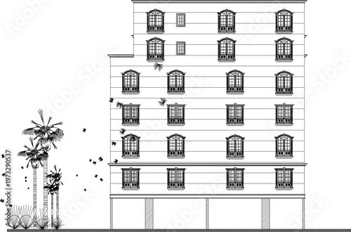 Comprehensive Technical Blueprint of a Multi-Storey Classic Hotel Facade Featuring Vintage Window Designs and Professional Level Indicators for Architects 