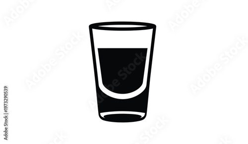 A strikingly simple black and white illustration depicts a classic shot glass partially filled with a dark liquid offering a minimalist aesthetic high quality