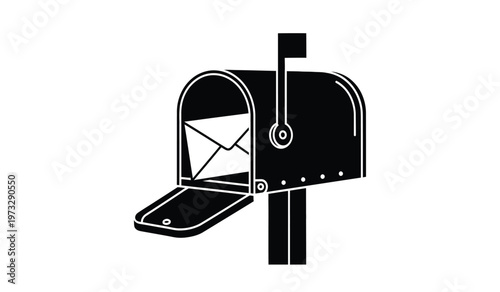 This is a stark black and white illustration of a traditional mailbox with its door open revealing a white envelope inside high quality professional
