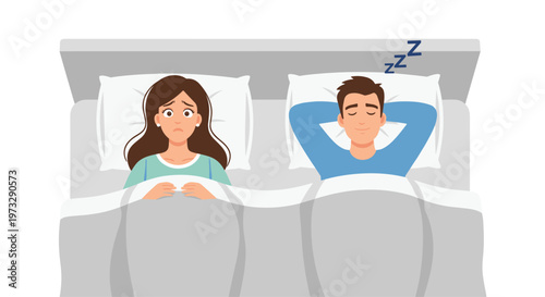An annoyed woman lies awake in bed with a worried expression while her partner sleeps soundly and snores loudly beside her in a modern grey bedroom.