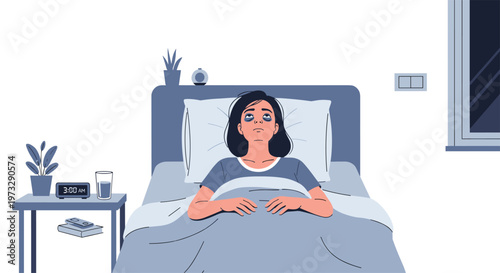 A tired young woman with visible dark circles under her eyes lies awake in a blue-toned bedroom while the digital bedside clock shows three in the morning.