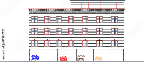 Technical Architecture Blueprint of a Classic Multi-Storey Hotel Building Featuring Vintage Design Proportions and Old Apartment Elements