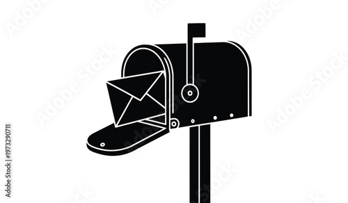 A stark black and white illustration depicts a classic mailbox with its door open revealing an envelope inside suggesting incoming correspondence high quality professional