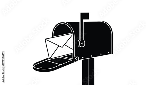 A stark black and white illustration depicts a classic mailbox with its door open revealing an envelope inside signaling delivery high quality professional detailed