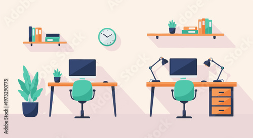 Modern Home Office Desks with Computers and Plants 4.