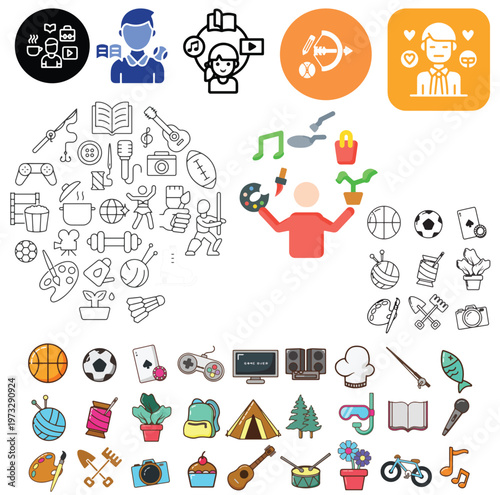 collection of hobbies icon, music, sports, cooing, camping, football. gaming, knitting, singing, fishing, gardening, youtuber, videomaker, cycling
