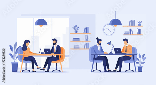 Two business meetings happening in modern office spaces 2.