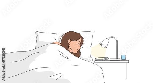 A young woman with long brown hair sleeps peacefully under a thick white duvet while a warm bedside lamp illuminates a glass of water on a nightstand.