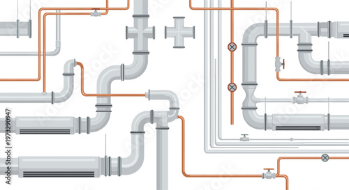 A detailed industrial diagram displays a complex network of interlocking grey steel pipes and thin copper tubing with various red valves and joints.
