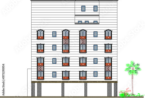 Classic Architecture Elevation Study for an Old Multi-Storey Apartment Building Highlighting Vintage Window Design and Technical Scales