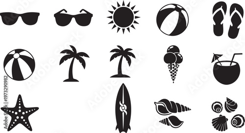 Beach icons, summer symbols, black vector graphics, 13 tropical elements