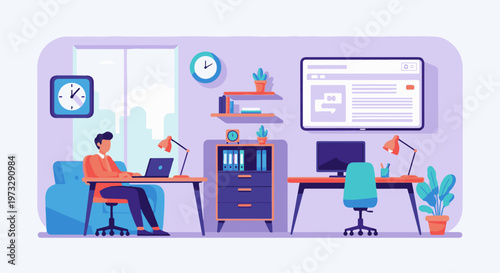 Man working diligently on laptop in modern office setting 1.