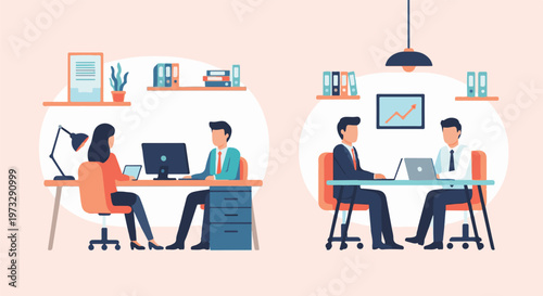 Two business meetings happening in modern offices.