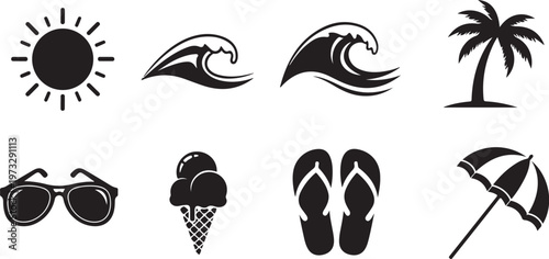Summer vacation icons, beach symbols, tropical signs, black vector graphics
