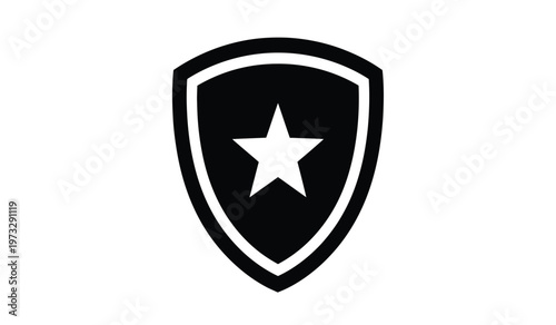 This graphic presents a stark black shield shaped icon featuring a prominent five pointed white star centered within its dark form high quality professional