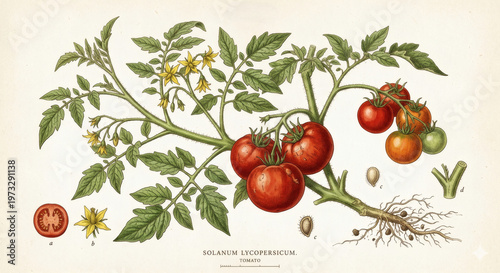 Vintage Botanical Illustration of Tomato Plant with Roots, Flowers and Red Fruits, Solanum Lycopersicum Antique Scientific Chart Style