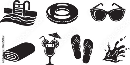 Summer vacation icons, beach symbols, pool and sunglasses graphics, tropical getaway elements
