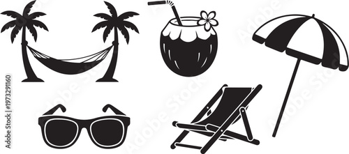 Beach icons, summer symbols, black vector graphics, tropical vacation elements, illustrations