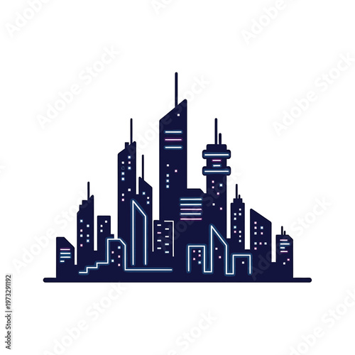 City Silhouette: A stylized representation of a modern cityscape, defined by geometric forms, and neon accents. Reflects the urban landscape, filled with towers, lines.