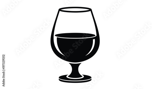 A stark black and white illustration depicts a classic wine glass partially filled with a dark liquid presented on a clean white background