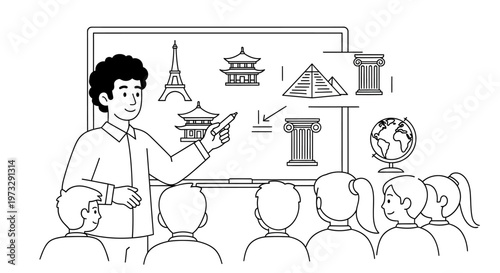 Teacher pointing at a world map.