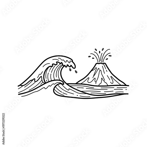 Ocean's Fury Meets Volcanic Power: A stark illustration captures the raw energy of nature's forces. A towering ocean wave crashes, confronting a dynamic volcano erupting in a dramatic landscape