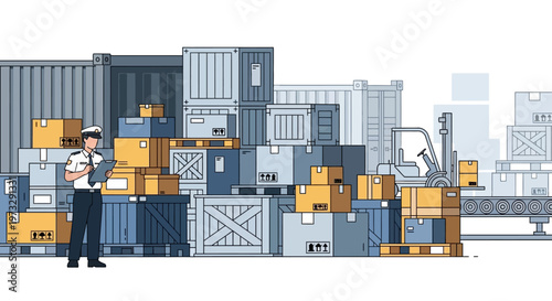 Man standing beside stacked shipping containers.