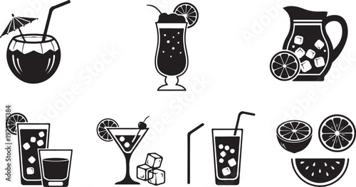 Black cocktail icons, drink symbols, beverage set, vector illustrations